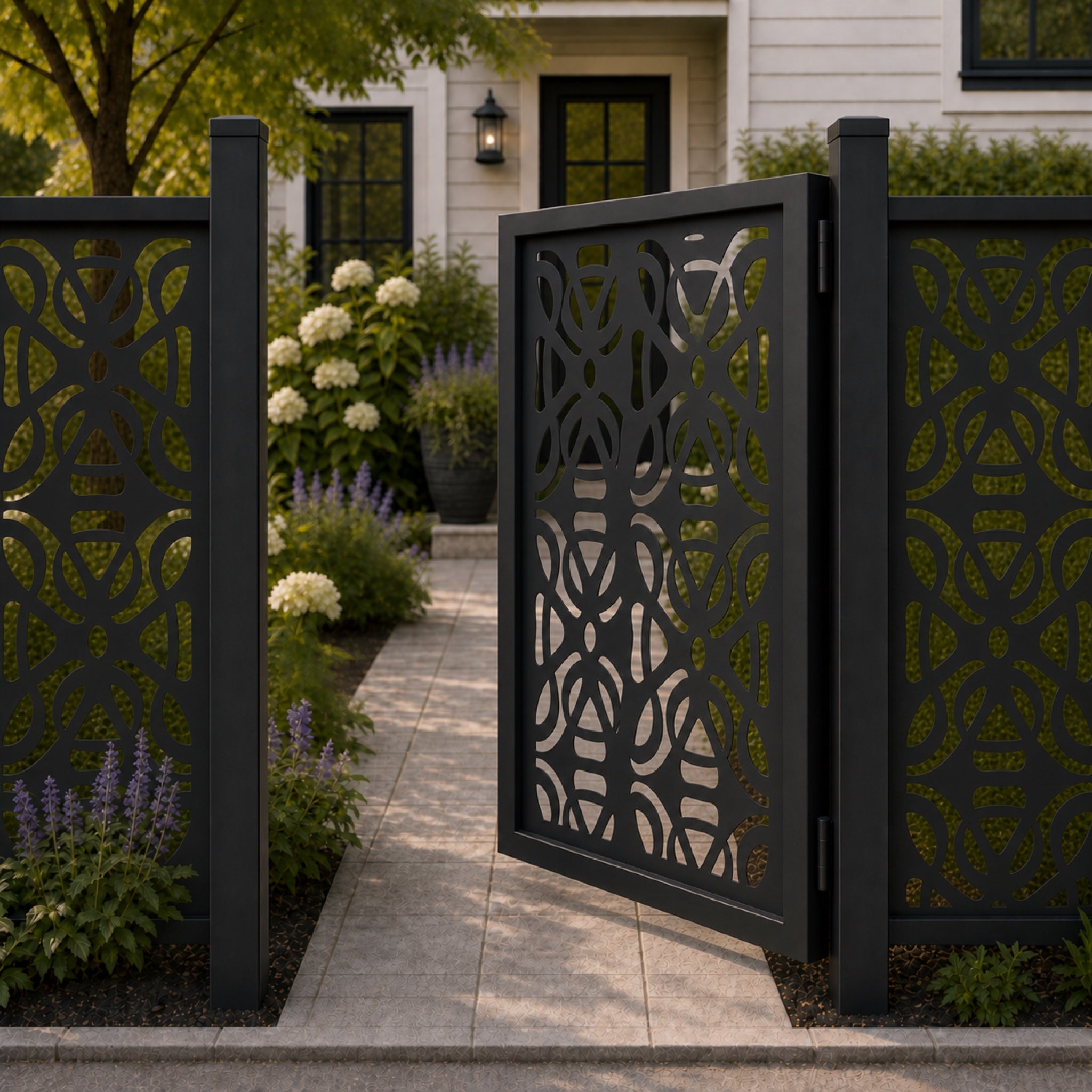 Design 153 abstract petal shield black aluminium side gate open view