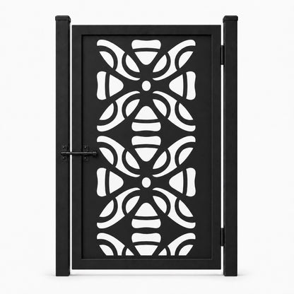 Design 153 abstract petal shield black laser cut metal pedestrian gate closed view