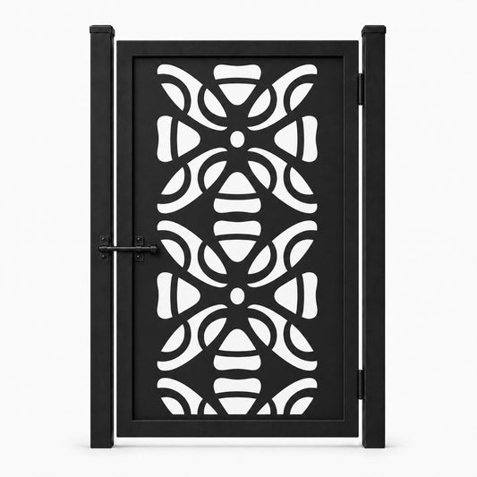 Design 153 abstract petal shield black laser cut metal pedestrian gate closed view