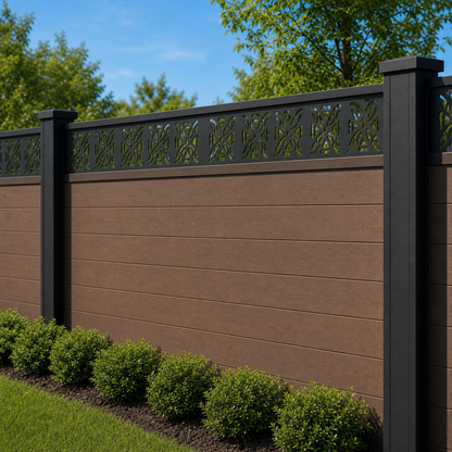 Butterfly Bow Trellis laser cut fence extension panel installed on composite fence, angle view, Design 153
