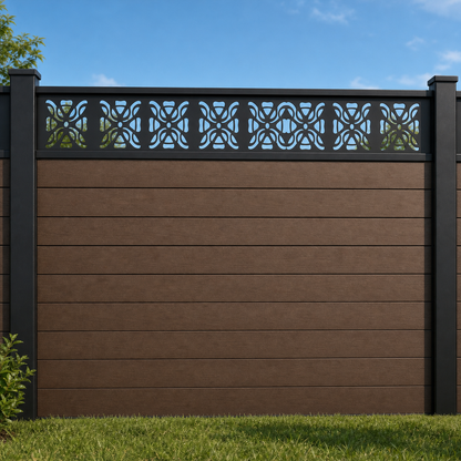 Butterfly Bow Trellis metal fence topper installed above WPC composite privacy fence, front view, Design 153