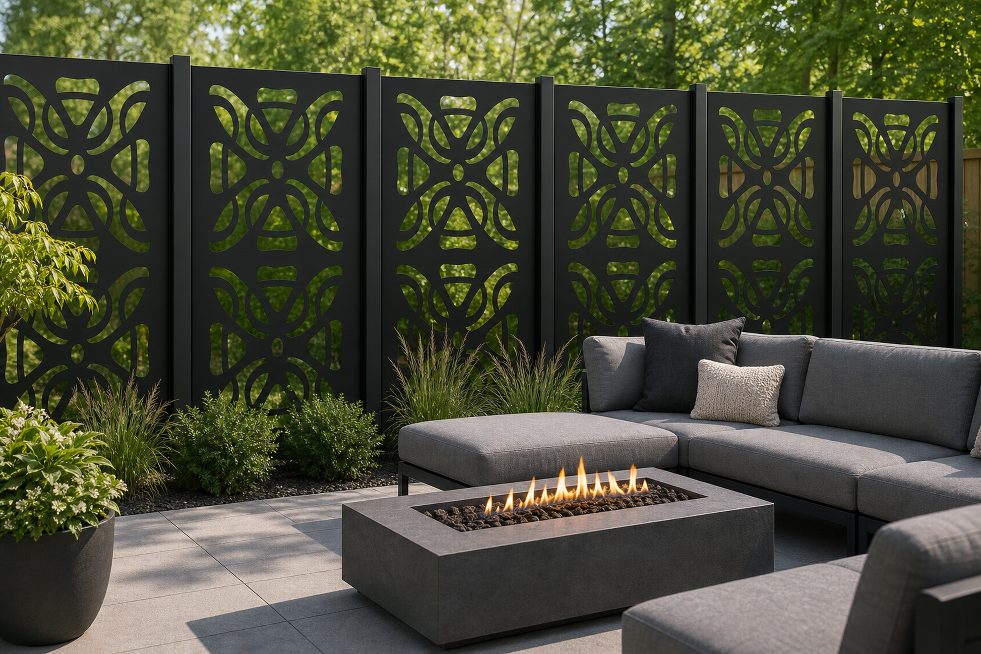 Design 153 Butterfly Motif Laser Cut Metal Privacy Screen Panel installed garden daylight view