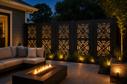 Design 153 Butterfly Motif Laser Cut Metal Privacy Screen Panel installed garden night lighting view