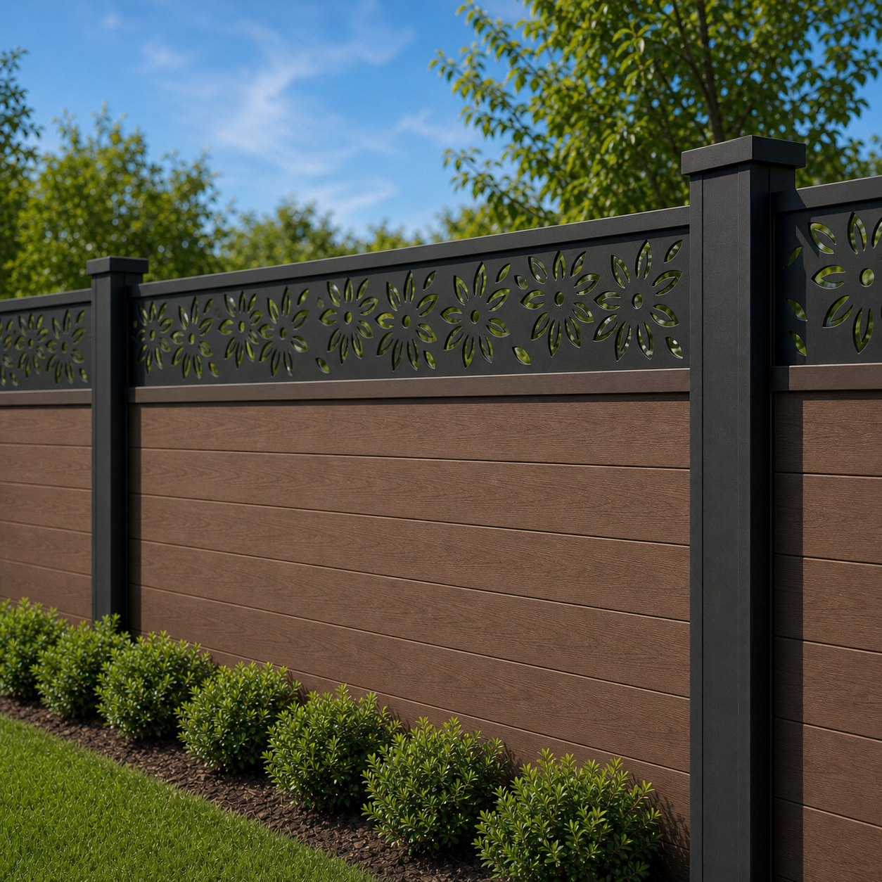 Daisy Meadow Lace laser cut fence extension panel installed on composite fence, angle view, Design 154