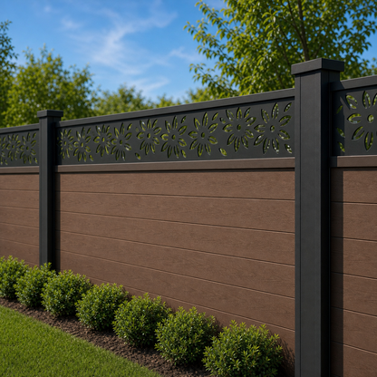 Daisy Meadow Lace laser cut fence extension panel installed on composite fence, angle view, Design 154