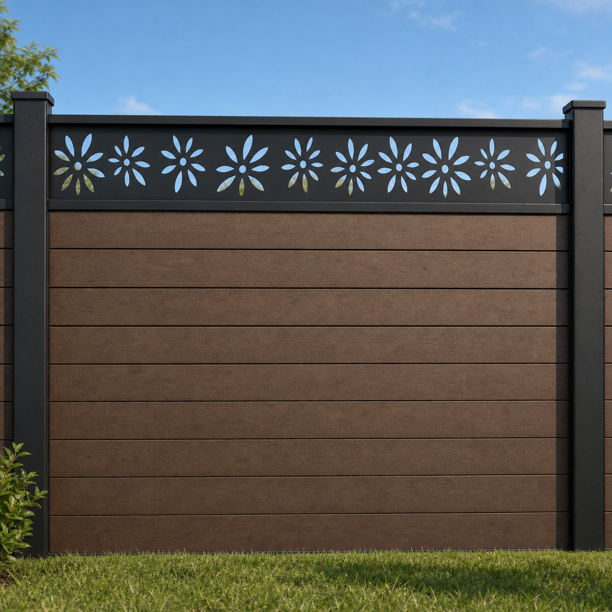 Daisy Meadow Lace metal fence topper installed above WPC composite privacy fence, front view, Design 154