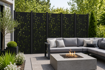 Design 154 Daisy Vine Laser Cut Metal Privacy Screen Panel installed garden daylight view