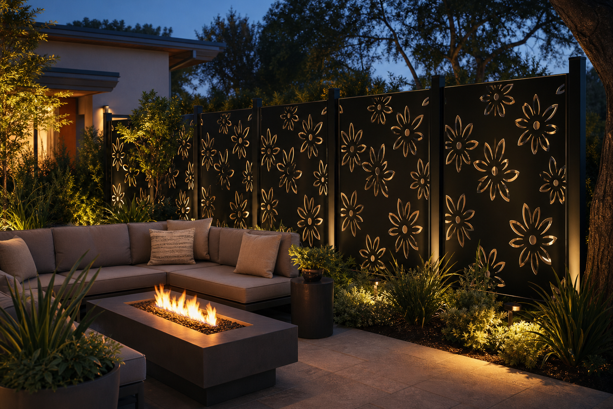 Design 154 Daisy Vine Laser Cut Metal Privacy Screen Panel installed garden night lighting view