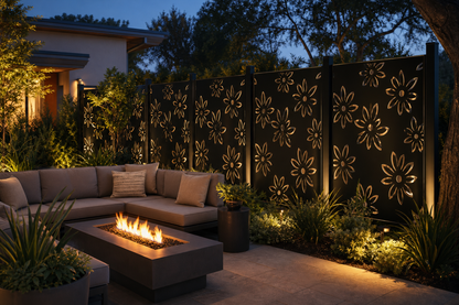 Design 154 Daisy Vine Laser Cut Metal Privacy Screen Panel installed garden night lighting view