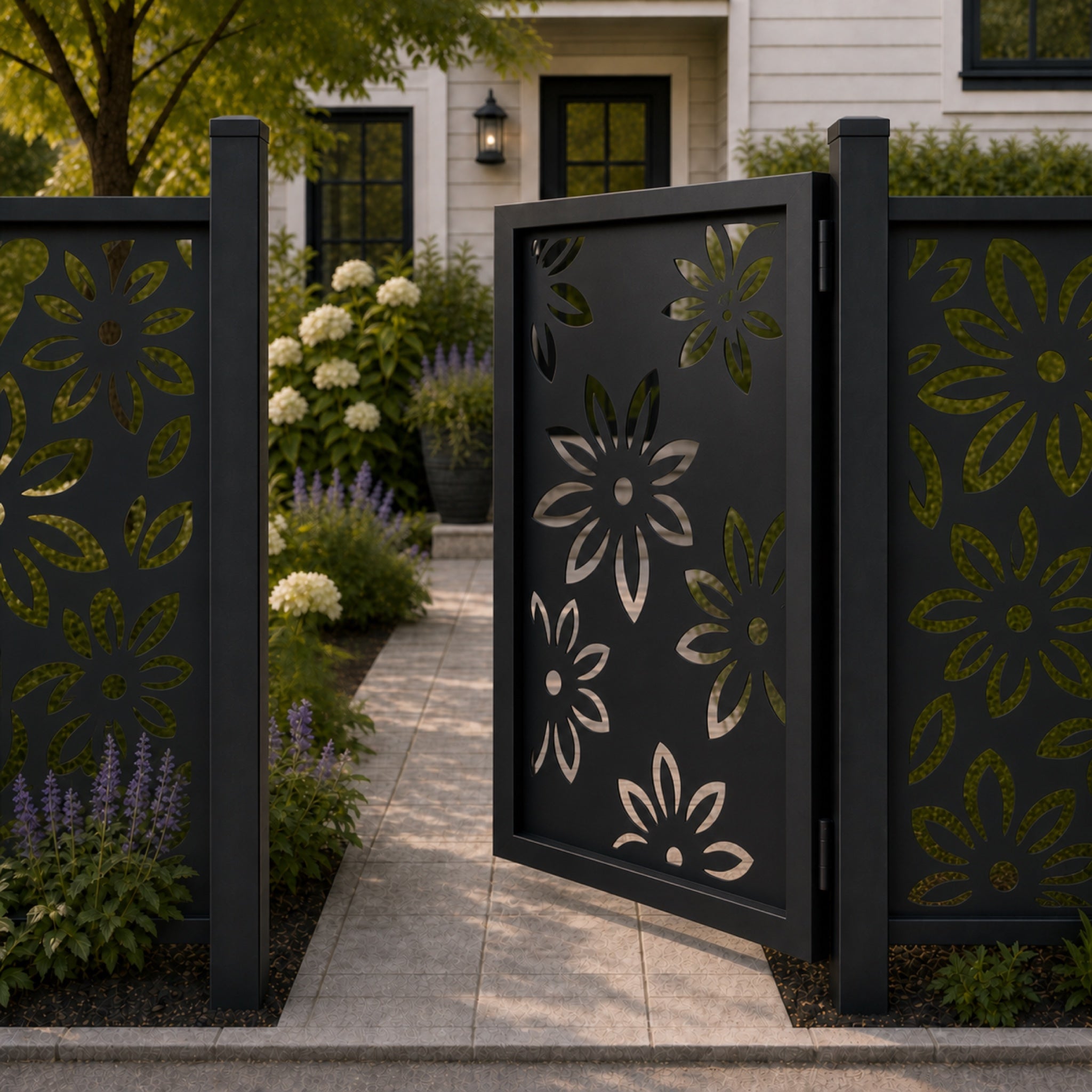 Design 154 large petal leaf black aluminium side gate open view