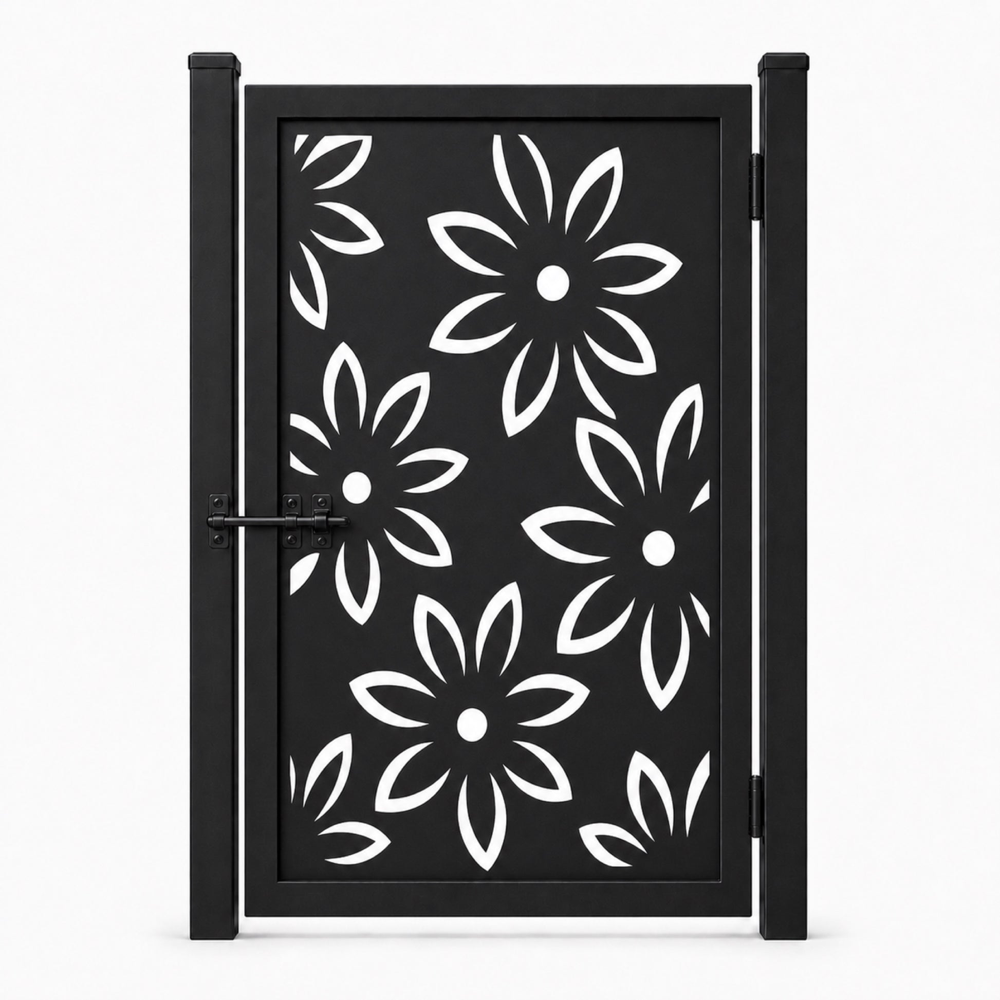 Design 154 large petal leaf black laser cut metal pedestrian gate closed view
