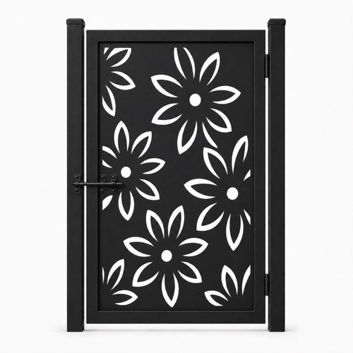 Design 154 large petal leaf black laser cut metal pedestrian gate closed view