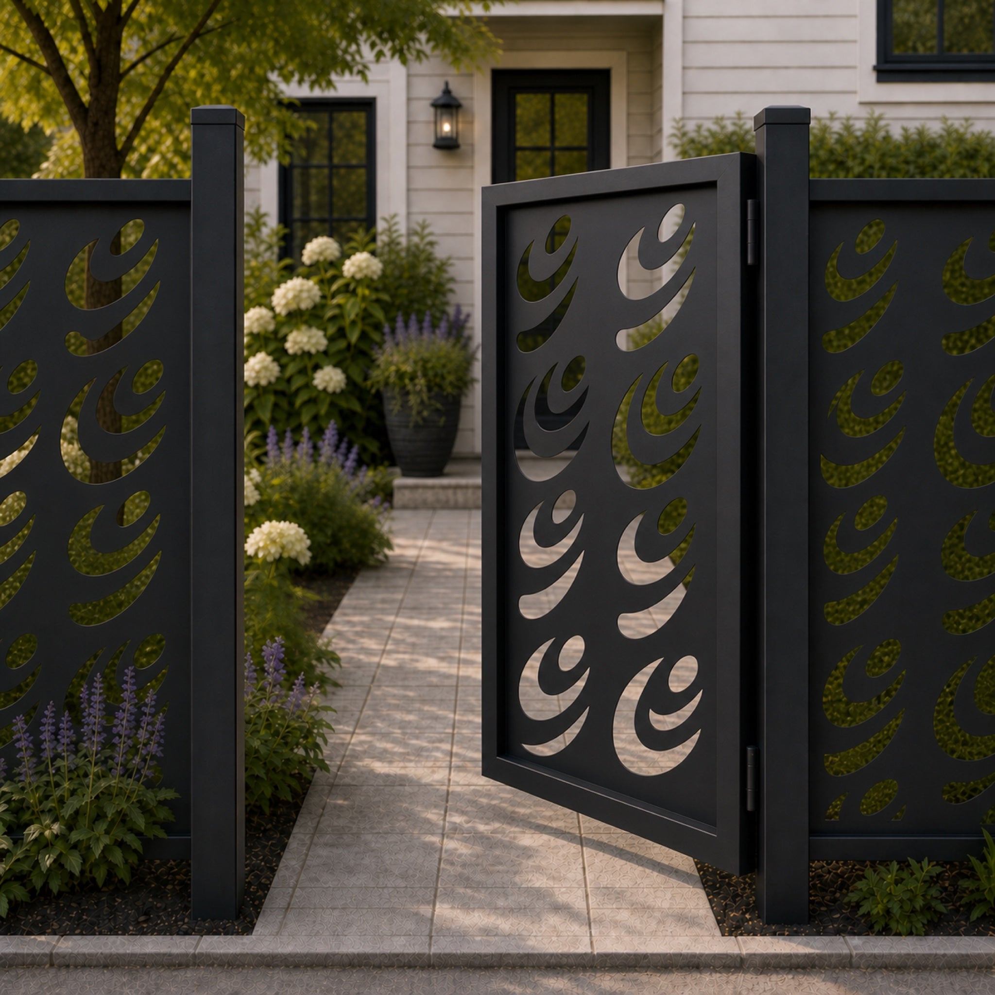 Design 155 abstract teardrop spiral black aluminium side gate open view