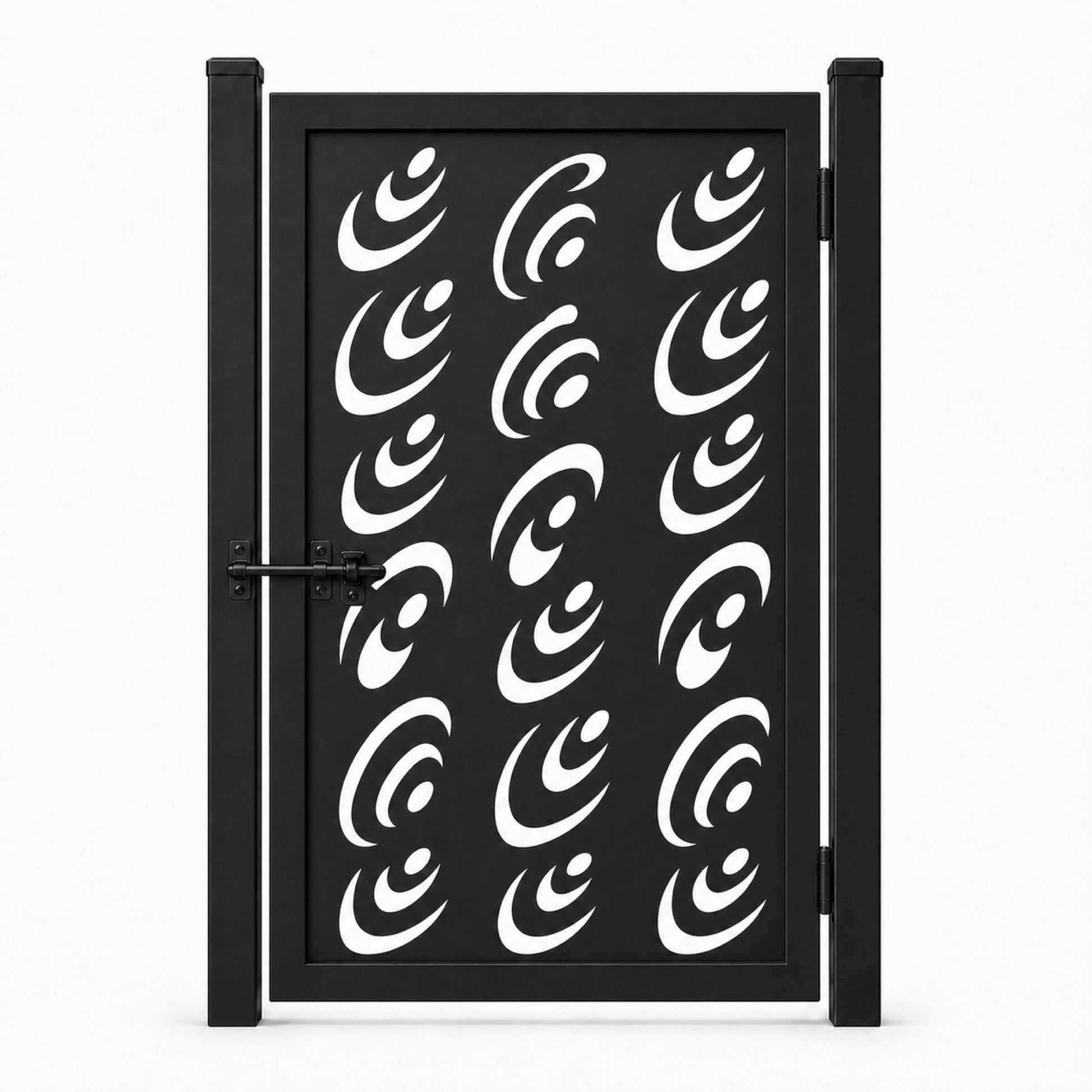 Design 155 abstract teardrop spiral black laser cut metal pedestrian gate closed view