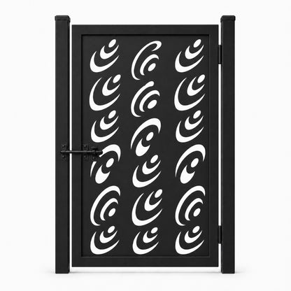 Design 155 abstract teardrop spiral black laser cut metal pedestrian gate closed view