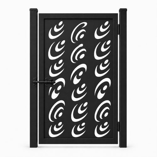 Design 155 abstract teardrop spiral black laser cut metal pedestrian gate closed view