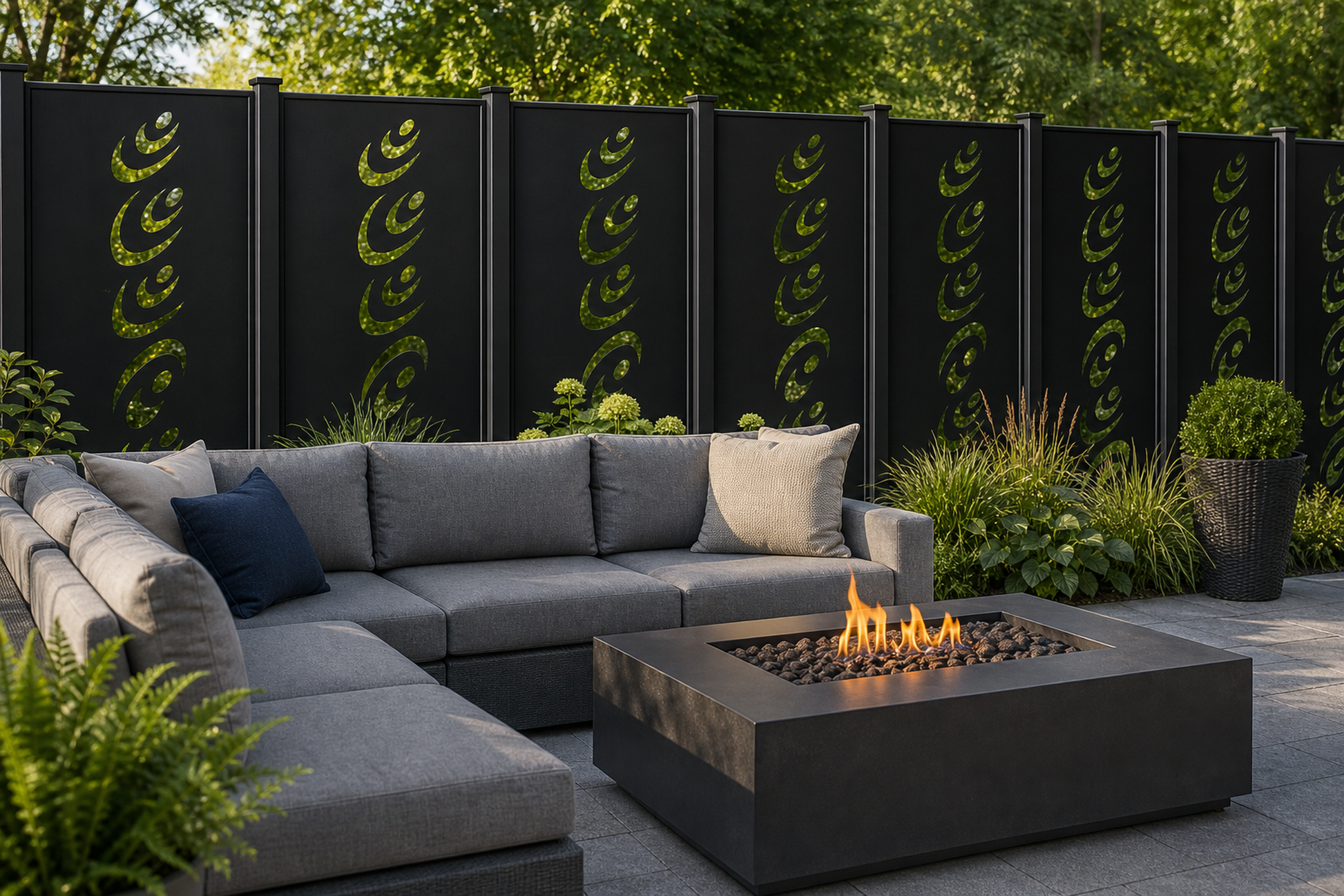 Design 155 Eye Wave Laser Cut Metal Privacy Screen Panel installed garden daylight view