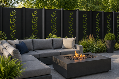 Design 155 Eye Wave Laser Cut Metal Privacy Screen Panel installed garden daylight view