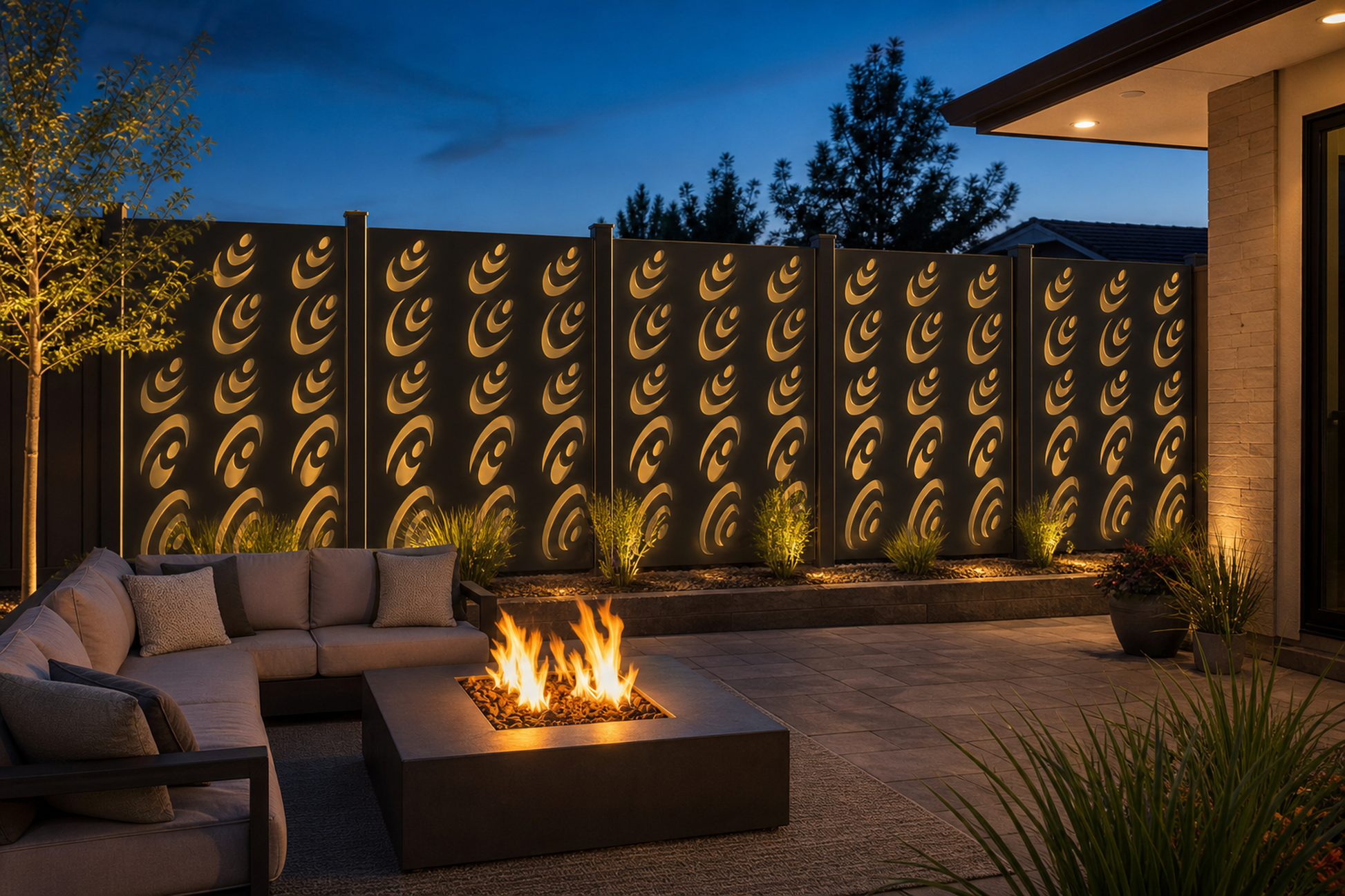 Design 155 Eye Wave Laser Cut Metal Privacy Screen Panel installed garden night lighting view