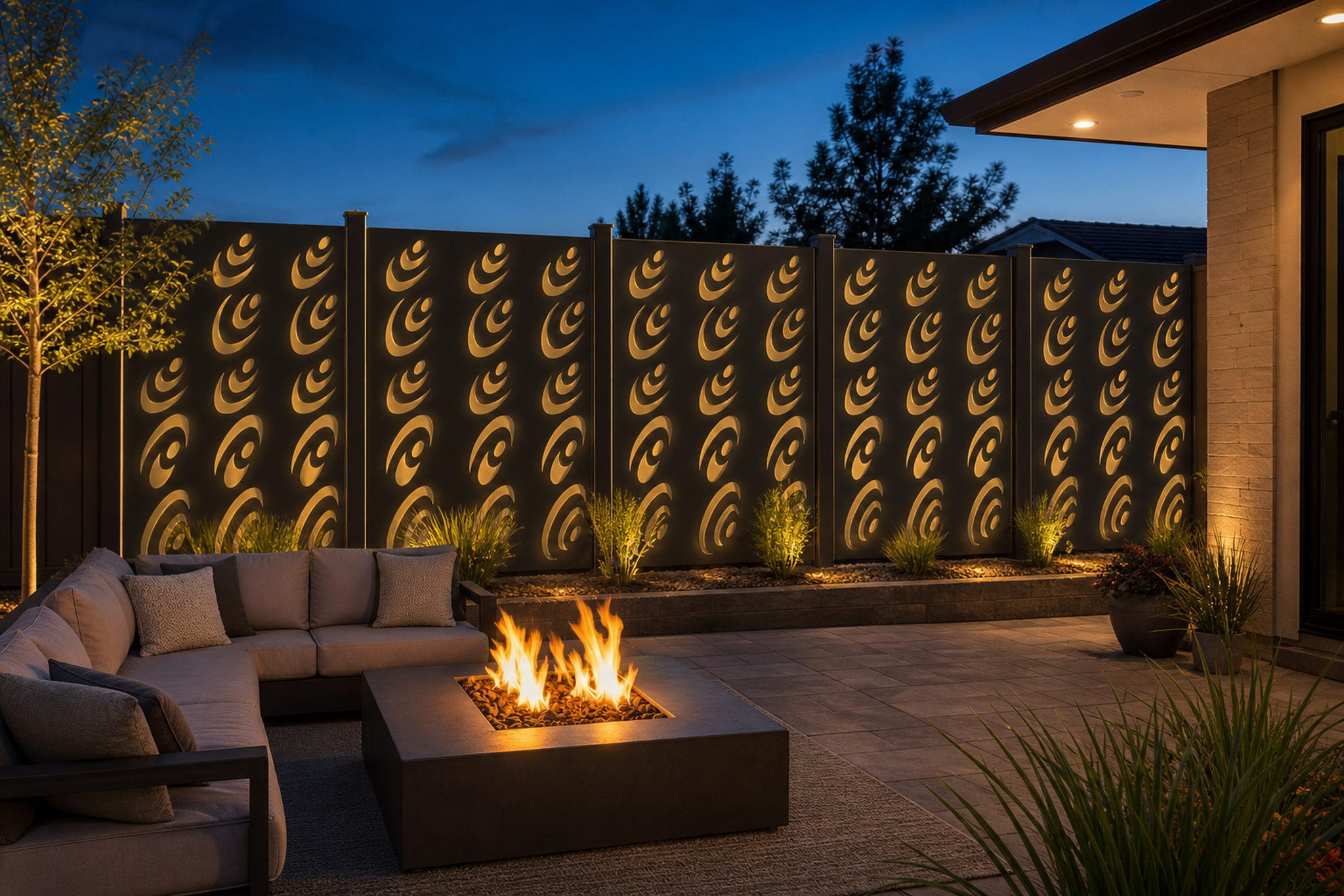 Design 155 Eye Wave Laser Cut Metal Privacy Screen Panel installed garden night lighting view