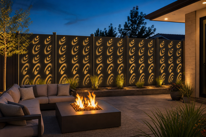 Design 155 Eye Wave Laser Cut Metal Privacy Screen Panel installed garden night lighting view