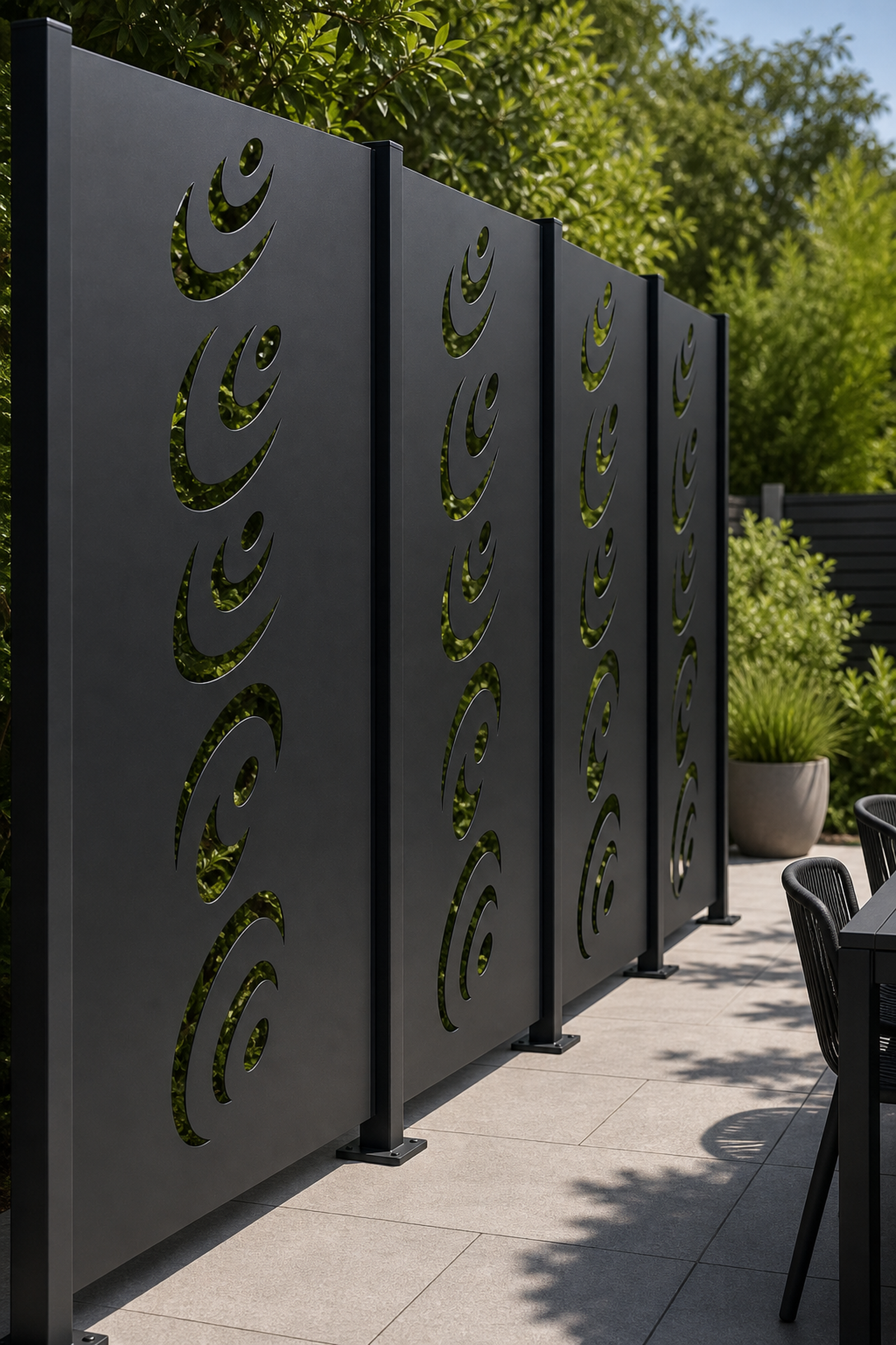 Design 155 Eye Wave Laser Cut Metal Privacy Screen Panel oblique angle view