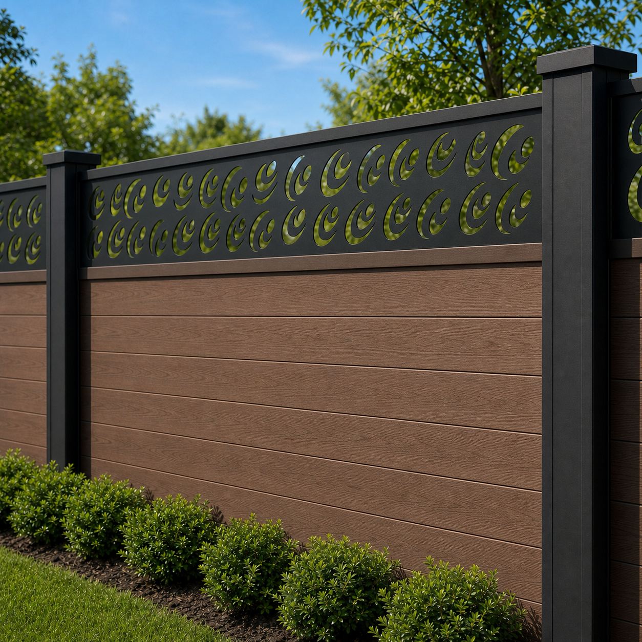 Ocean Wave Curl laser cut fence extension panel installed on composite fence, angle view, Design 155