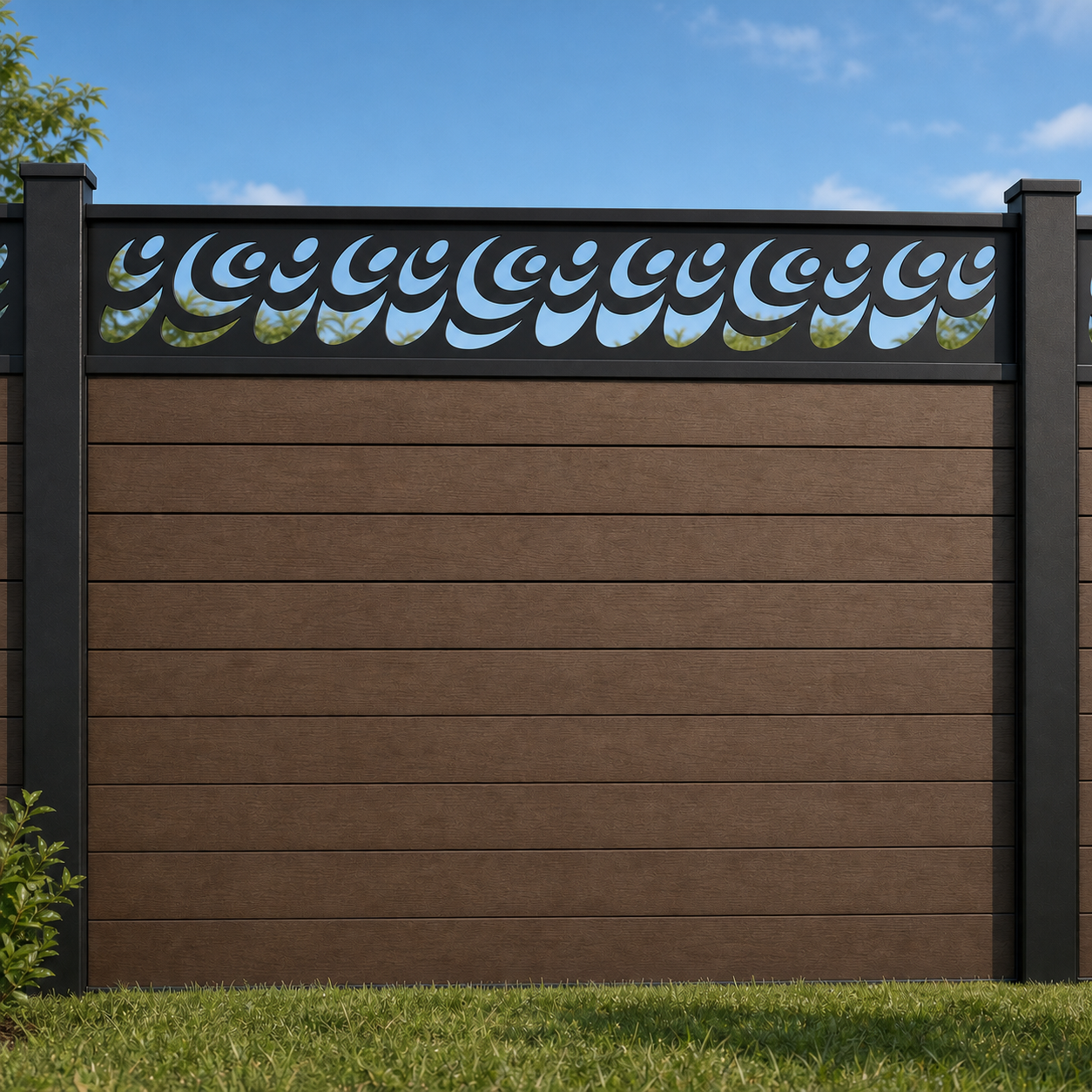 Ocean Wave Curl metal fence topper installed above WPC composite privacy fence, front view, Design 155