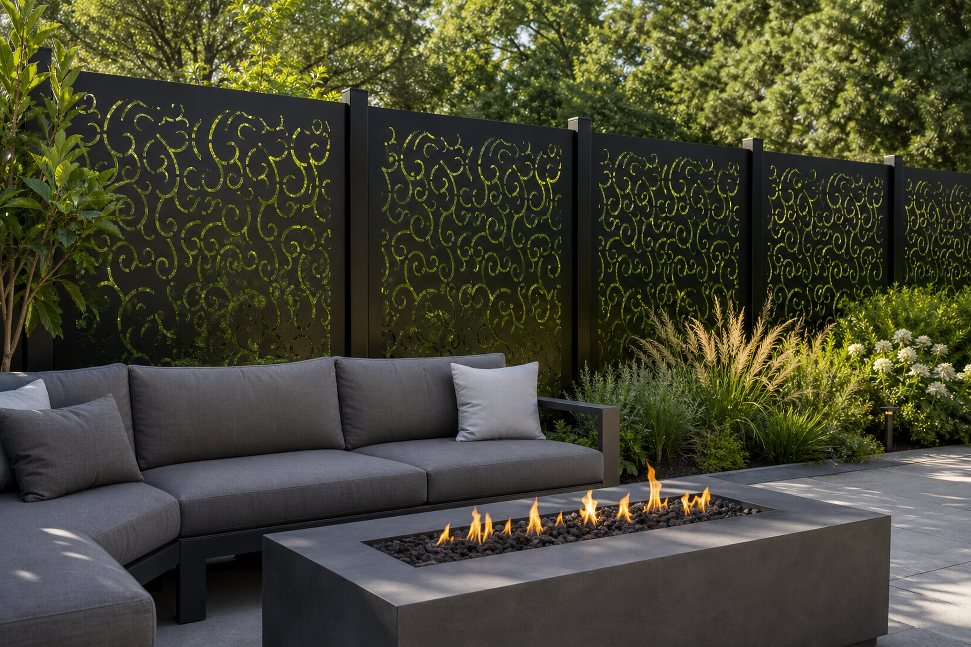 Design 156 Allover Curl Swirl Laser Cut Metal Privacy Screen Panel installed garden daylight view
