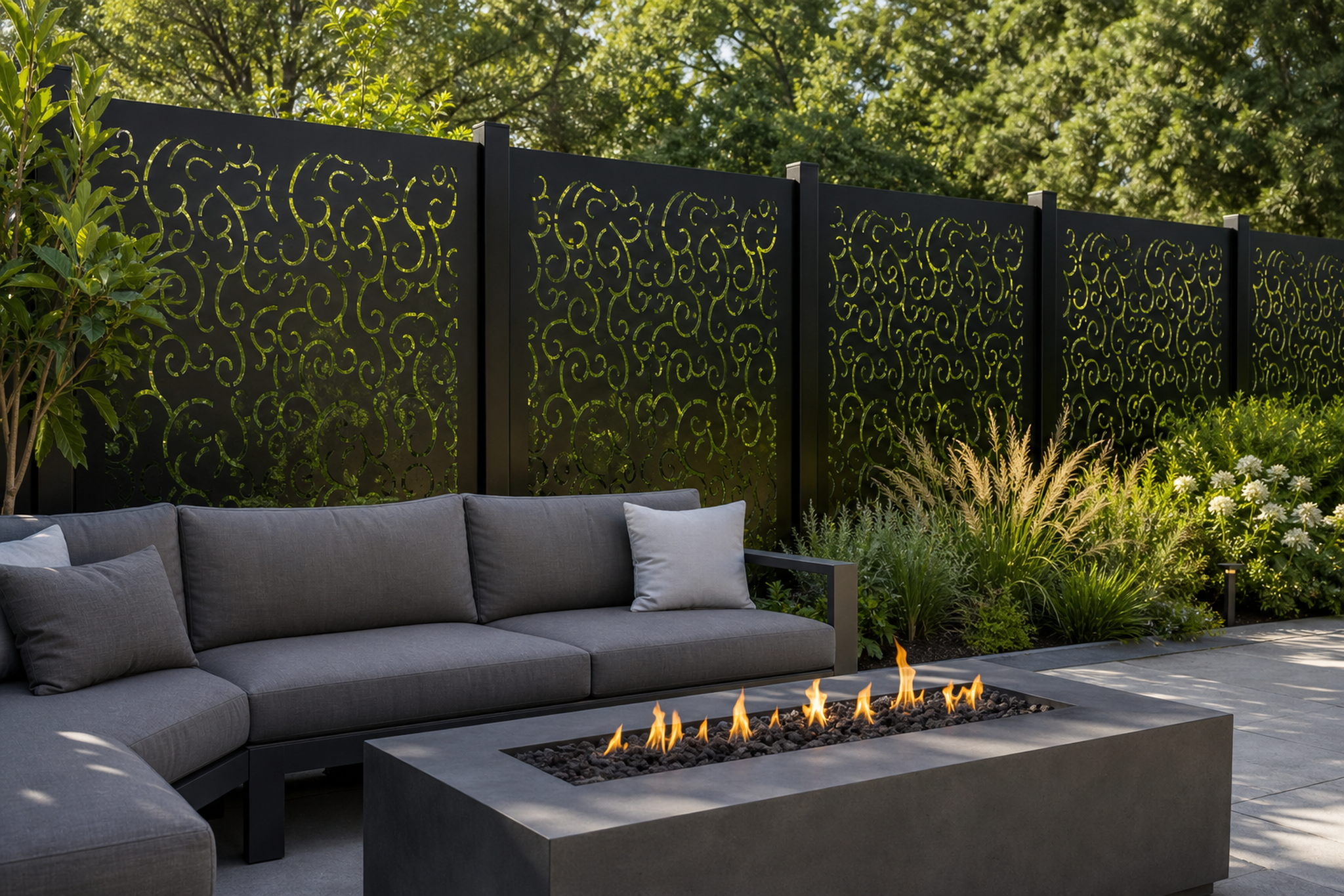 Design 156 Allover Curl Swirl Laser Cut Metal Privacy Screen Panel installed garden daylight view