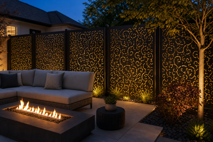 Design 156 Allover Curl Swirl Laser Cut Metal Privacy Screen Panel installed garden night lighting view