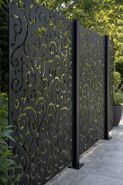Design 156 Allover Curl Swirl Laser Cut Metal Privacy Screen Panel oblique angle view