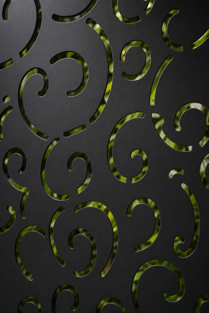 Design 156 Allover Curl Swirl Laser Cut Metal Privacy Screen Panel close-up detail view