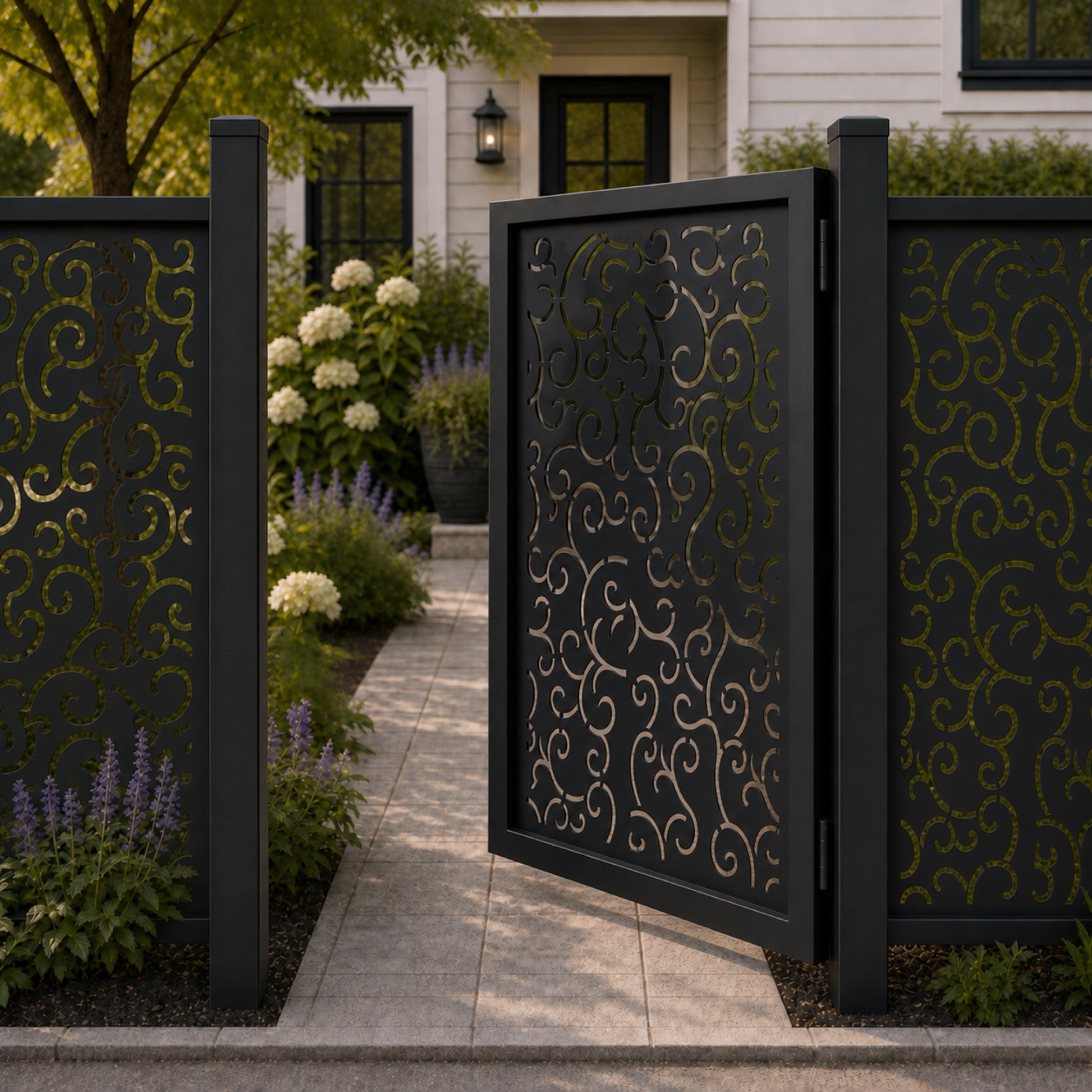 Design 156 allover fine scroll line black aluminium side gate open view