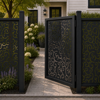 Design 156 allover fine scroll line black aluminium side gate open view