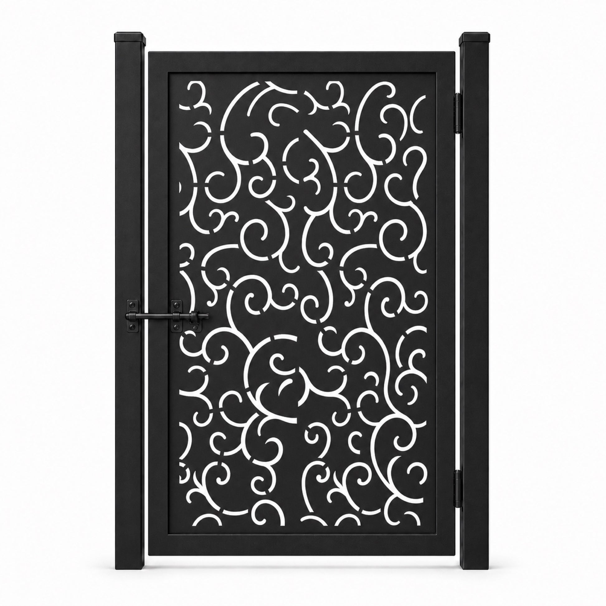 Design 156 allover fine scroll line black laser cut metal pedestrian gate closed view