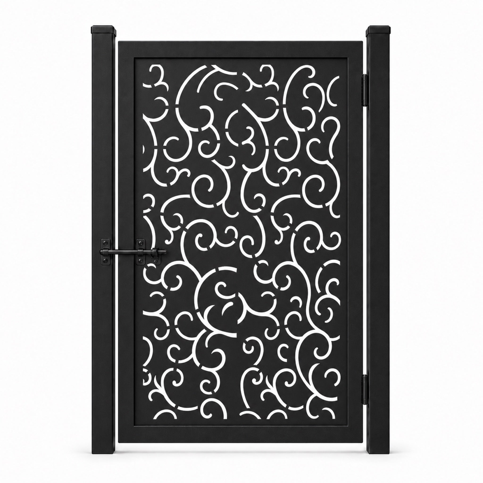 Design 156 allover fine scroll line black laser cut metal pedestrian gate closed view
