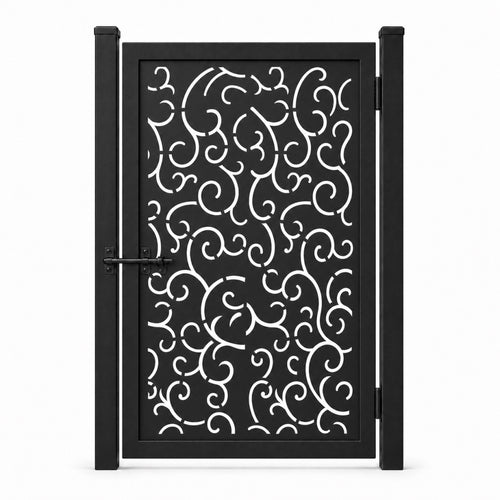 Design 156 allover fine scroll line black laser cut metal pedestrian gate closed view