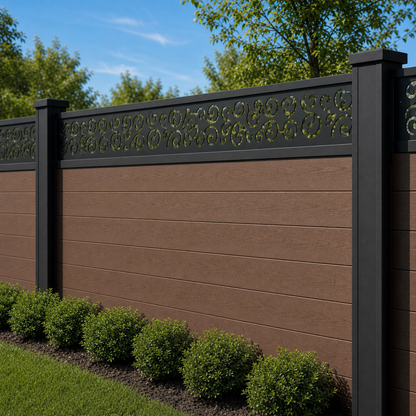 Dense Scroll Lace laser cut fence extension panel installed on composite fence, angle view, Design 156