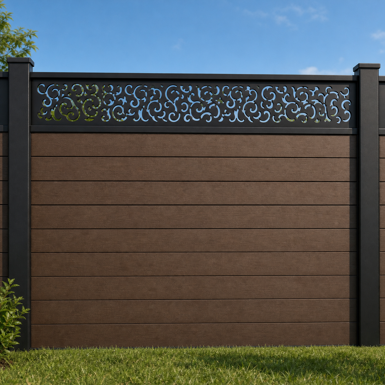 Dense Scroll Lace metal fence topper installed above WPC composite privacy fence, front view, Design 156
