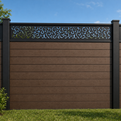 Dense Scroll Lace metal fence topper installed above WPC composite privacy fence, front view, Design 156