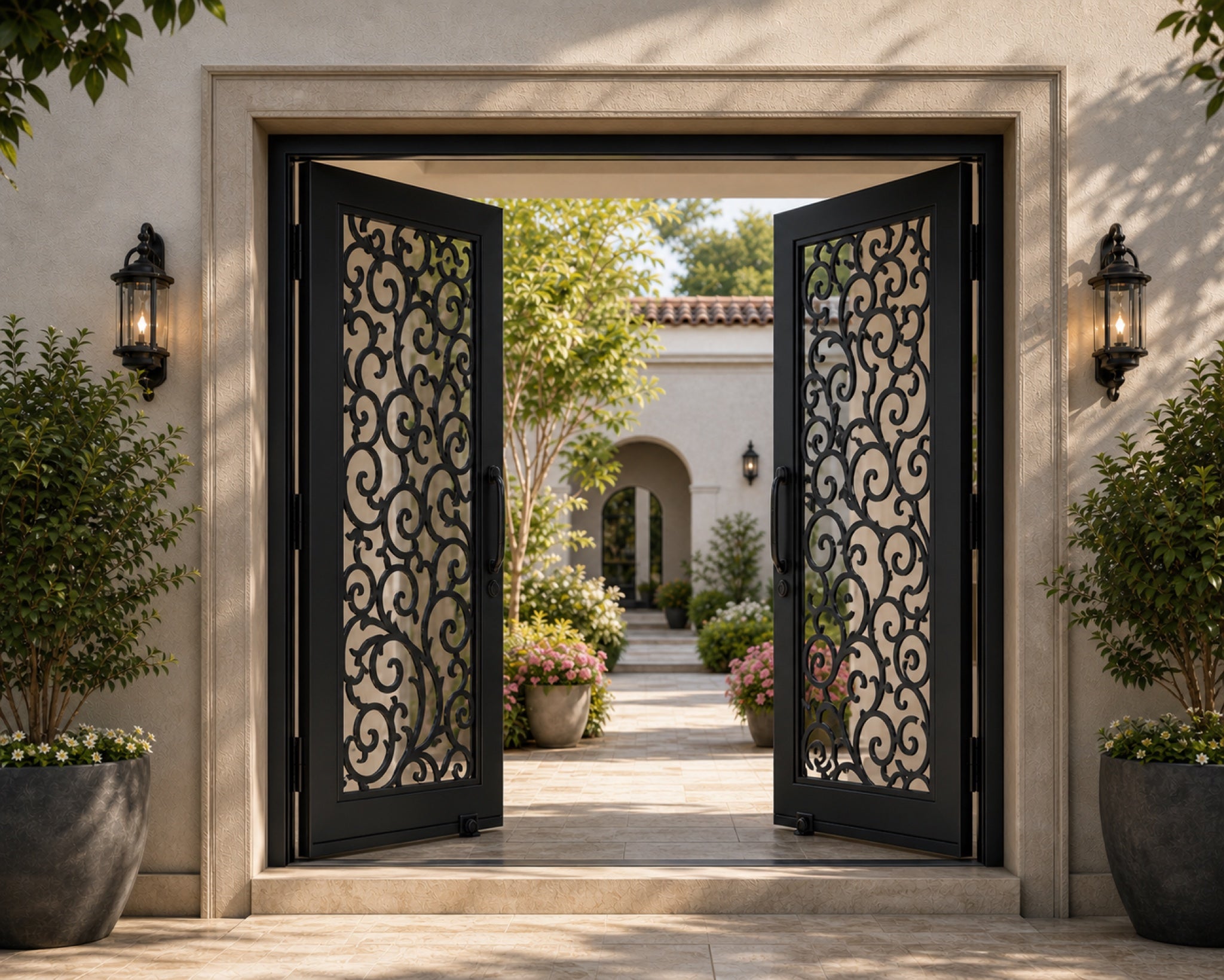 EONE Design 156 custom villa courtyard gate with soft cloud scroll pattern shown open in a luxury entrance scene