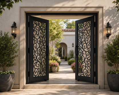 EONE Design 156 custom villa courtyard gate with soft cloud scroll pattern shown open in a luxury entrance scene