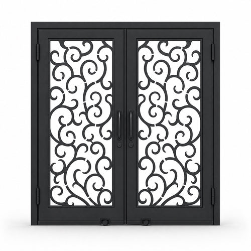 EONE Design 156 luxury double entry gate with soft cloud scroll pattern shown closed on white background