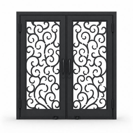 EONE Design 156 luxury double entry gate with soft cloud scroll pattern shown closed on white background