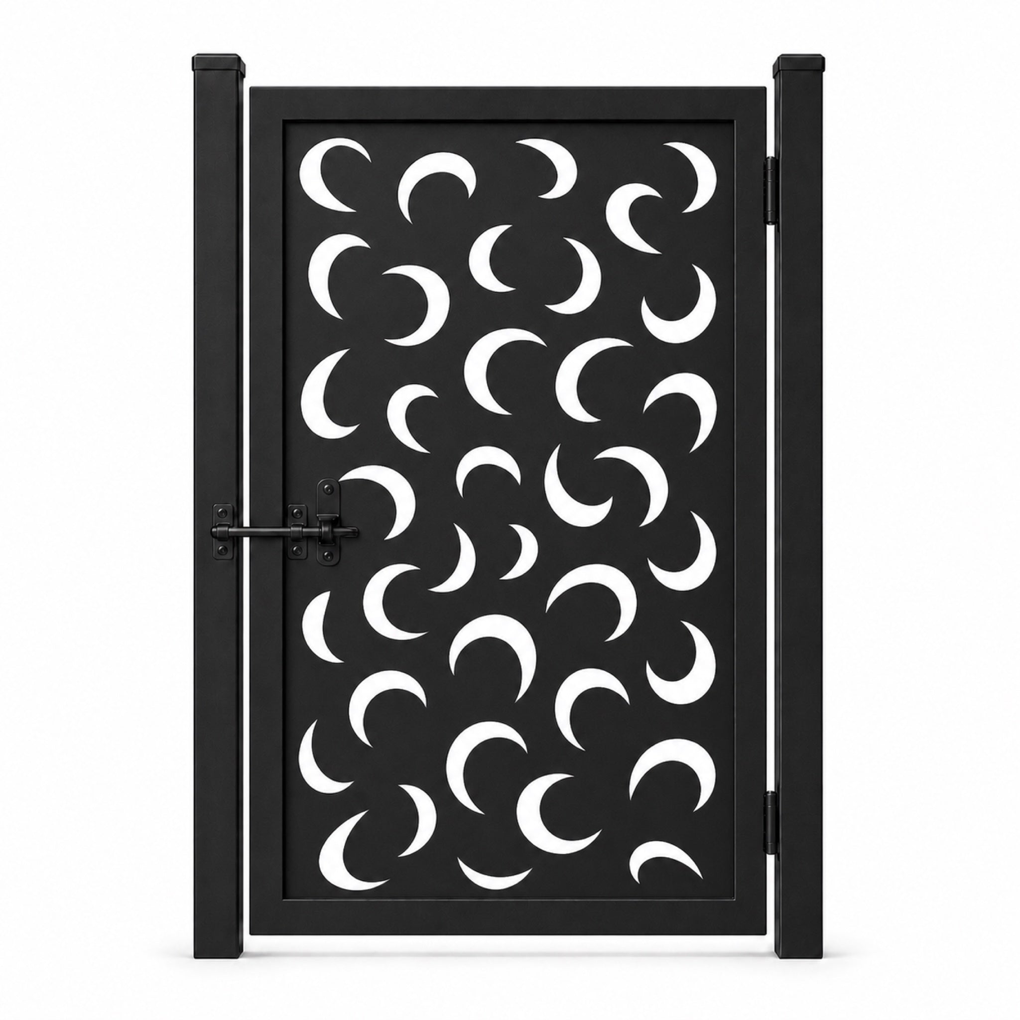 Design 157 crescent hook abstract black laser cut metal pedestrian gate closed view