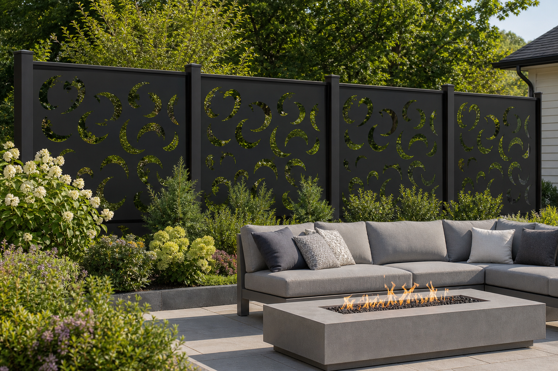 Design 157 Crescent Leaves Laser Cut Metal Privacy Screen Panel installed garden daylight view