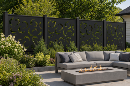 Design 157 Crescent Leaves Laser Cut Metal Privacy Screen Panel installed garden daylight view