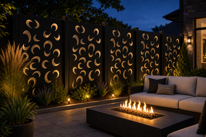 Design 157 Crescent Leaves Laser Cut Metal Privacy Screen Panel installed garden night lighting view