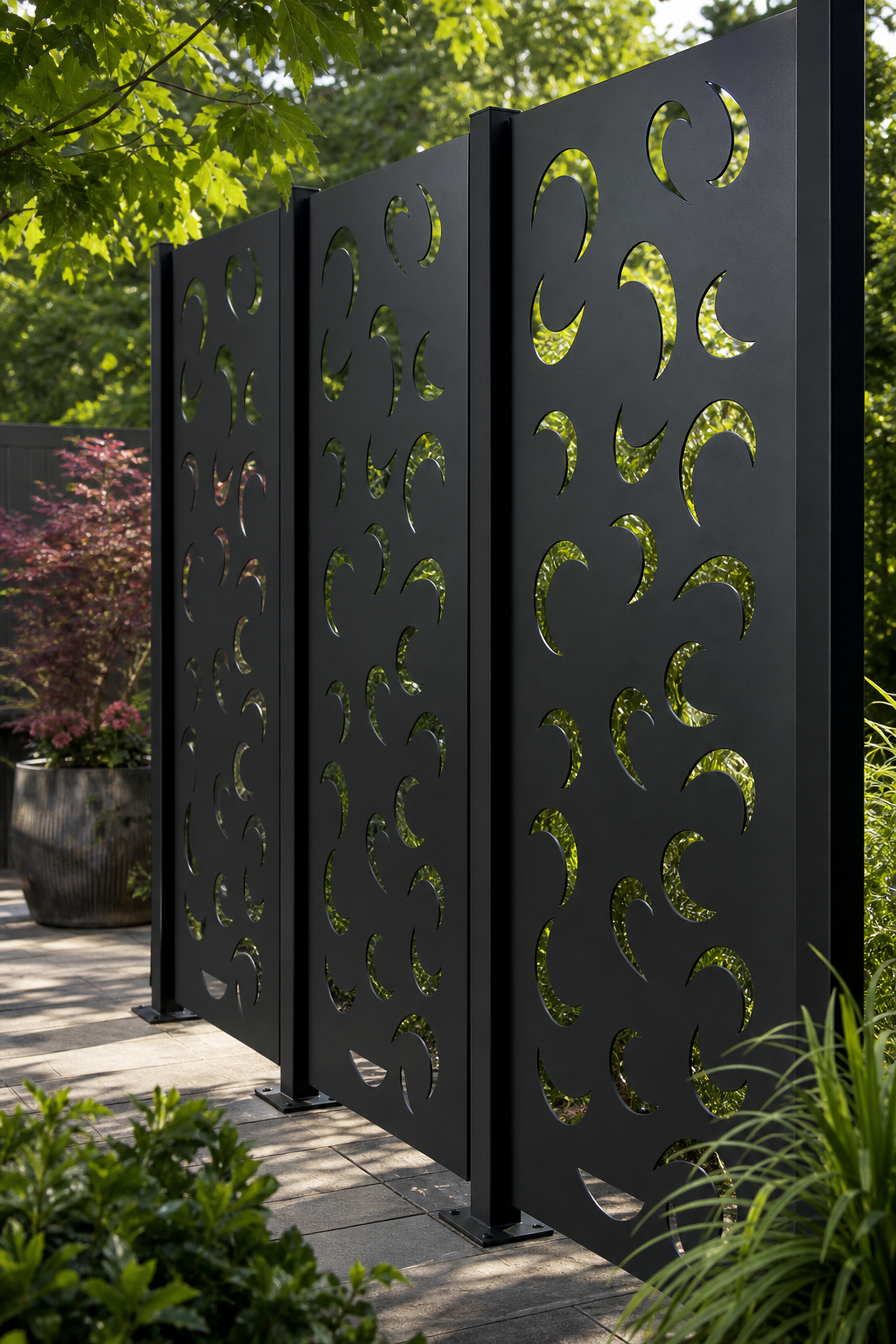 Design 157 Crescent Leaves Laser Cut Metal Privacy Screen Panel oblique angle view
